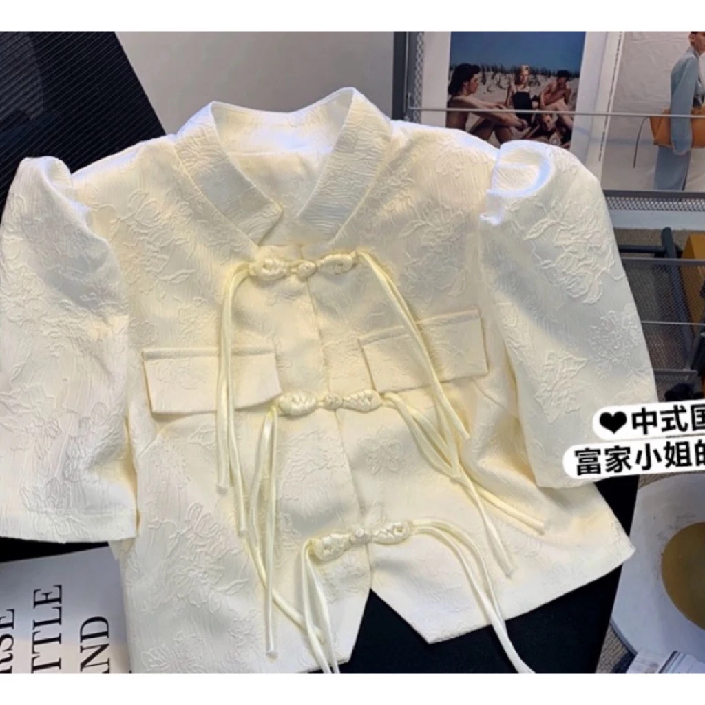 新中式复古盘扣衬衣女夏季轻国风泡泡短袖衬衫高级感改良旗袍上衣