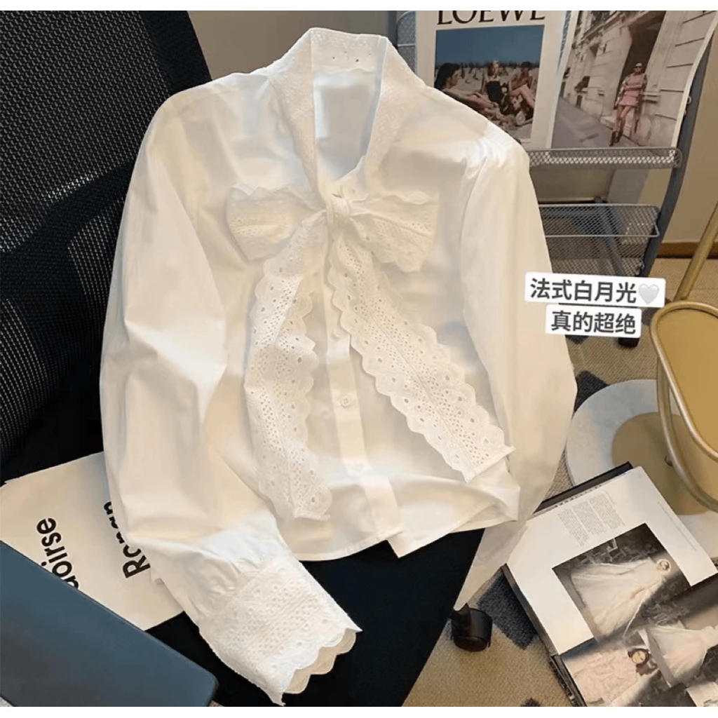 蝴蝶结蕾丝花边长袖衬衫女款2025春秋爆款法式高级感百搭外穿上衣