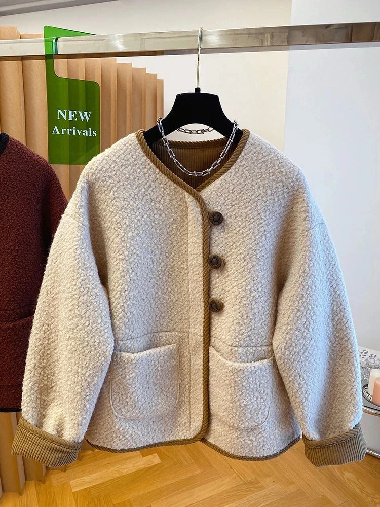 小香风防羊羔绒外套女2024年秋冬装新款小个子宽松休闲毛绒上衣