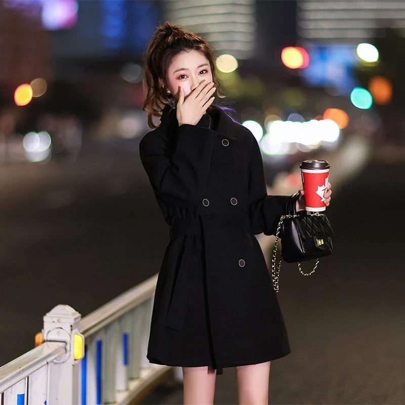 好显瘦秋冬新款小个子黑色呢子大衣女中长款气质夹棉加厚外套风衣