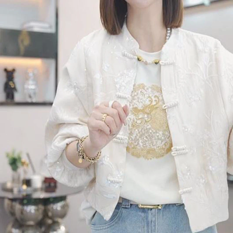 新款新中式国风盘扣超级重工刺绣长袖外套女短款复古国潮上衣