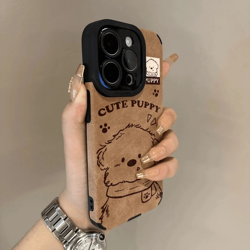 卖卖壳趣味围巾小狗勾适用iPhone16/15苹果手机壳瞳眼翻毛皮13套