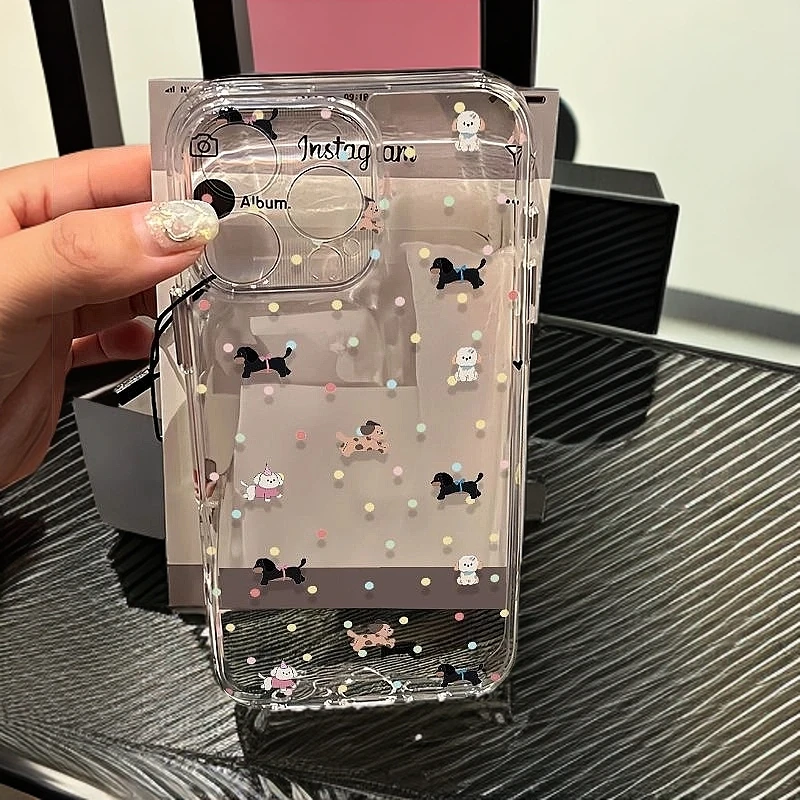 彩绘波点小狗适用iphone15苹果14手机壳16透明13软12MINI/11全包8