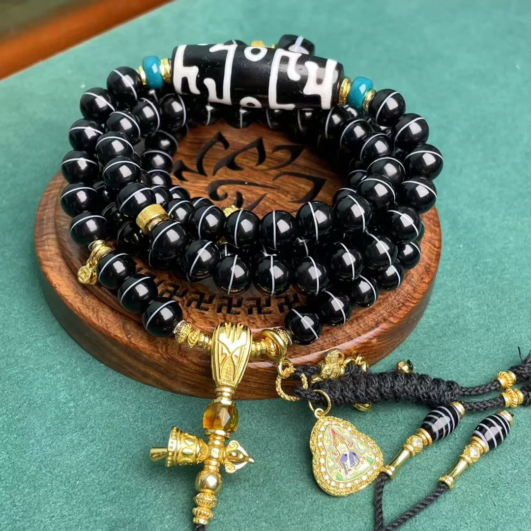 手工设计小卢黑白莲师药师多圈多宝项链7150d