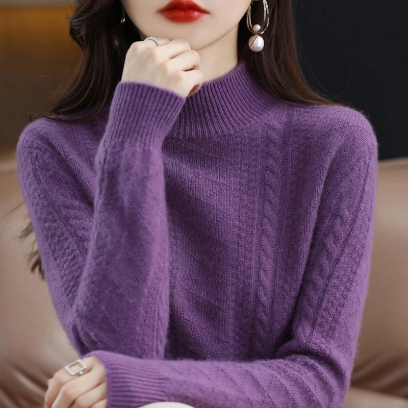 鄂家高端100羊绒衫女士半高领秋冬新款绞花显瘦 ZN-2225