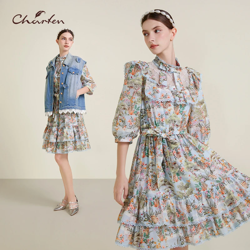CHARFEN朝峰法式时尚印花桑蚕丝复古夏季连衣裙CFE2E611-6013G