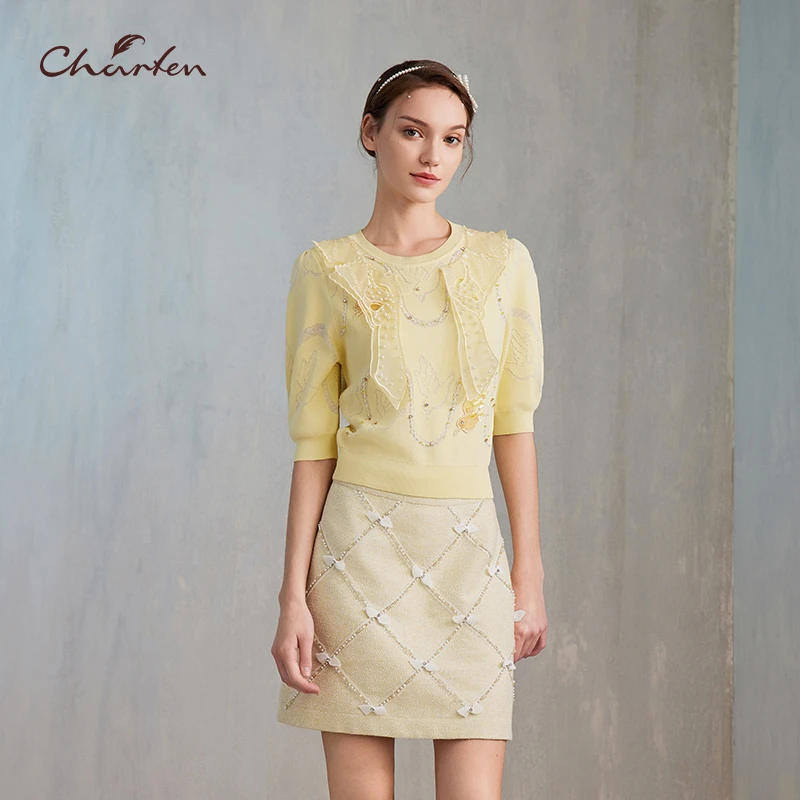 CHARFEN朝峰春夏季新款气质立体钩花针织上衣CFE2J119-1019C