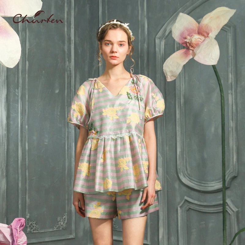 CHARFEN朝峰夏季新款V领泡泡袖后背镂空衬衫CFC2F326-332T