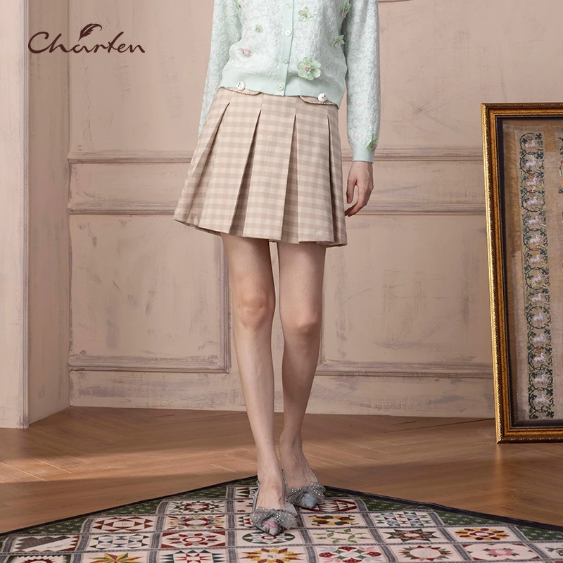 CHARFEN朝峰春秋气质优雅纯色百褶半身短裙女CFD1B367-3129E