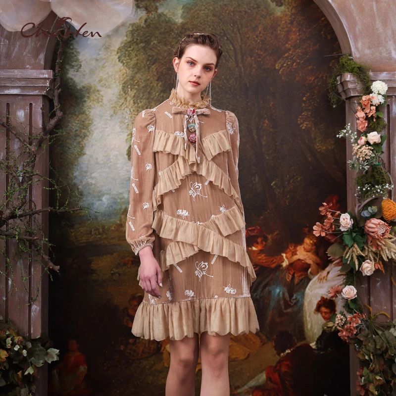 CHARFENCHARFEN朝峰立领荷叶边长袖复古连衣裙CFC3C129-133G