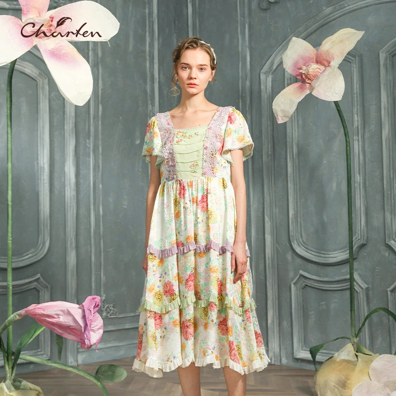 朝峰大荷叶袖方领一字领显瘦连衣裙CFC2G122-152G裙子