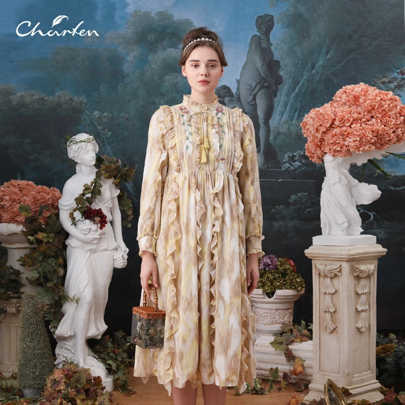 朝峰法式复古花形领拼接荷叶边连衣裙CFB3C330-358G