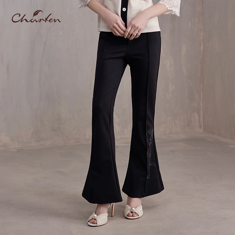 CHARFEN朝峰秋季新款高腰显瘦黑色喇叭裤子CFE3A005-0009D