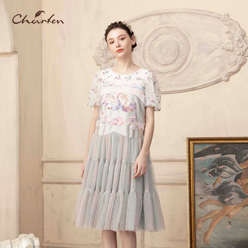 CHARFEN朝峰夏季时尚气质拼接网纱裙CFD2E103-1079G