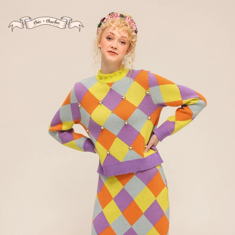 CHARFEN朝峰冬季时尚彩色菱形格套头毛衣CFD5F561-5069C