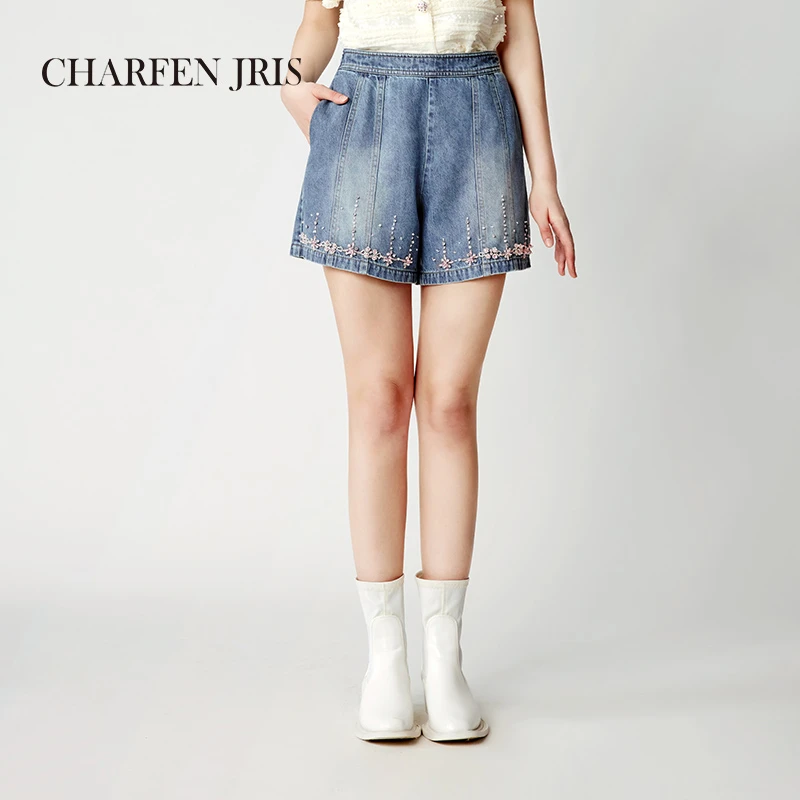 CHARFEN朝峰春夏季新款高腰钉珠复古牛仔短裤FJE2H672-6101P