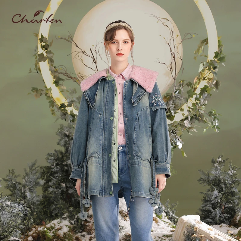 CHARFEN朝峰冬季新款复古百搭大翻领牛仔外套CFD5F820-8025N