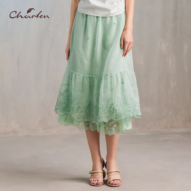 CHARFEN朝峰春夏季新款高腰欧根纱绣花半裙CFE2H161-1072E