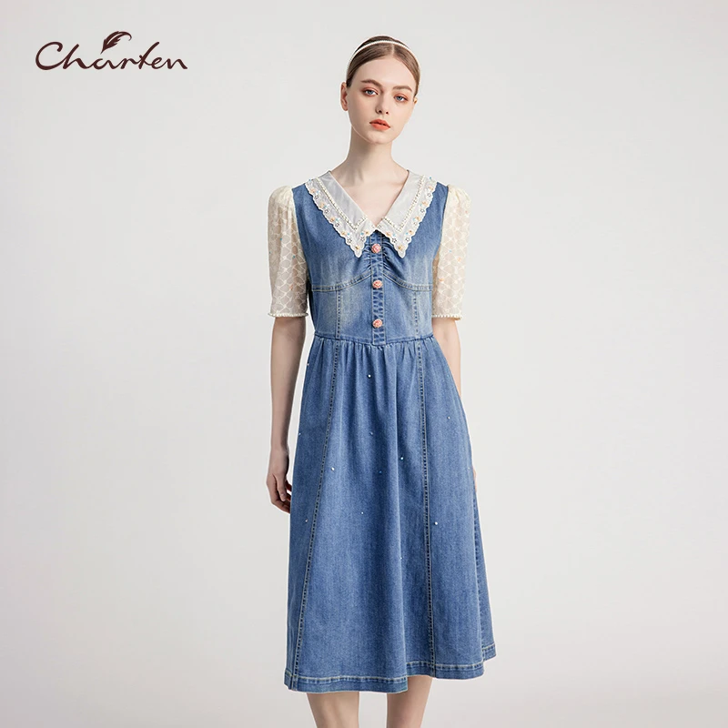 CHARFEN朝峰复古显瘦拼接牛仔连衣裙CFE2F628-6055G