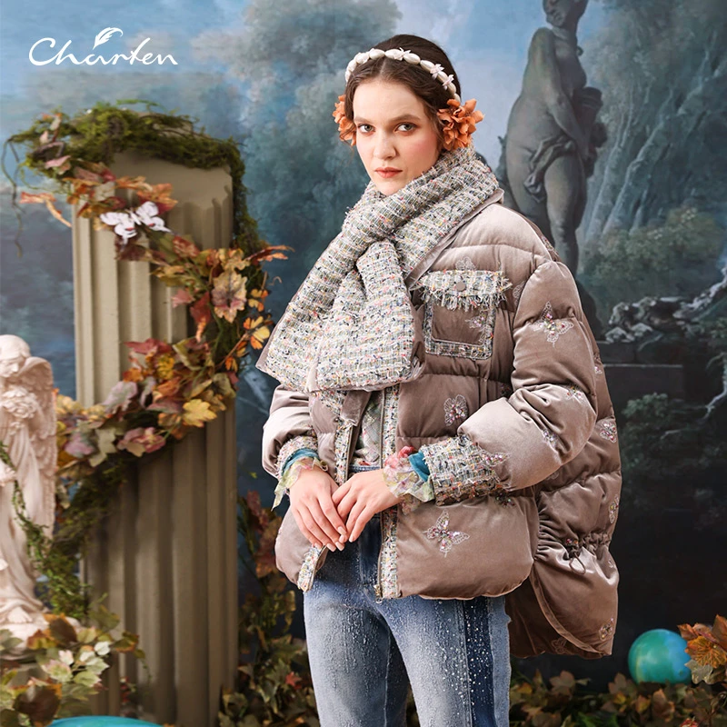 CHARFENCHARFEN朝峰刺绣白鸭绒不规则宽松外套CFB5E121-125Y