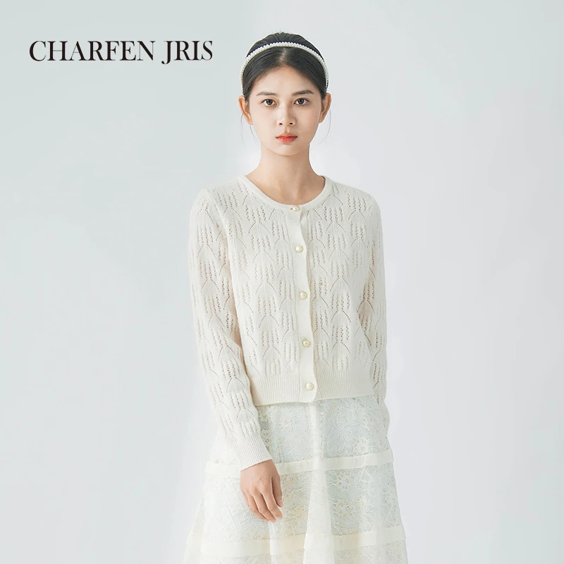 CHARFEN朝峰秋季复古时尚设计师镂空圆领毛织开衫FJE5E680-6112J