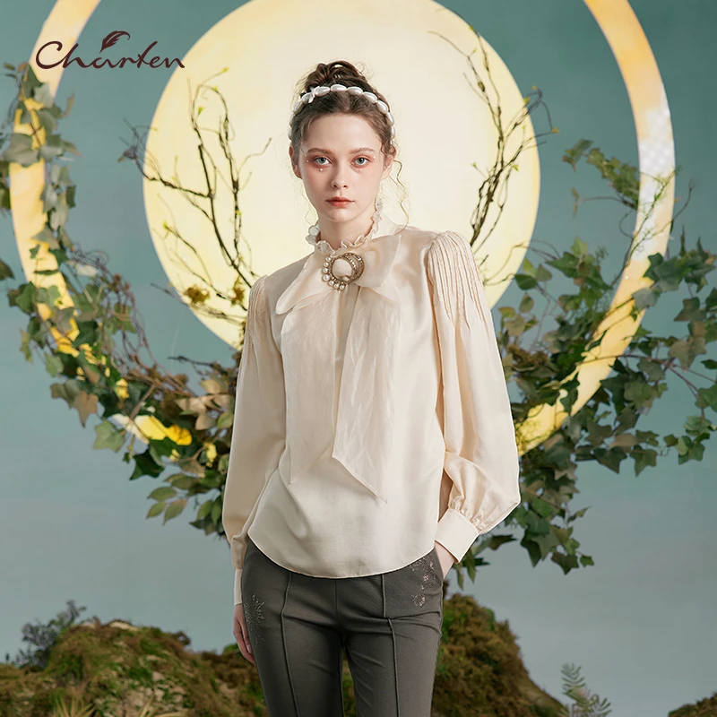 CHARFEN朝峰宫廷袖立领蝴蝶结长袖衬衣CFD3B108-1017T