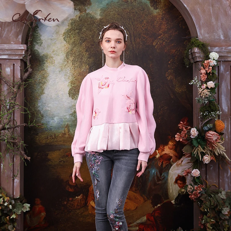 CHARFEN朝峰粉色减龄拼接空气层套头衫CFC3C131-192B