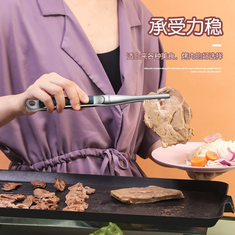 304不锈钢带开关烤肉夹家用食品夹面包夹烤肉夹烧烤牛排夹烙饼夹