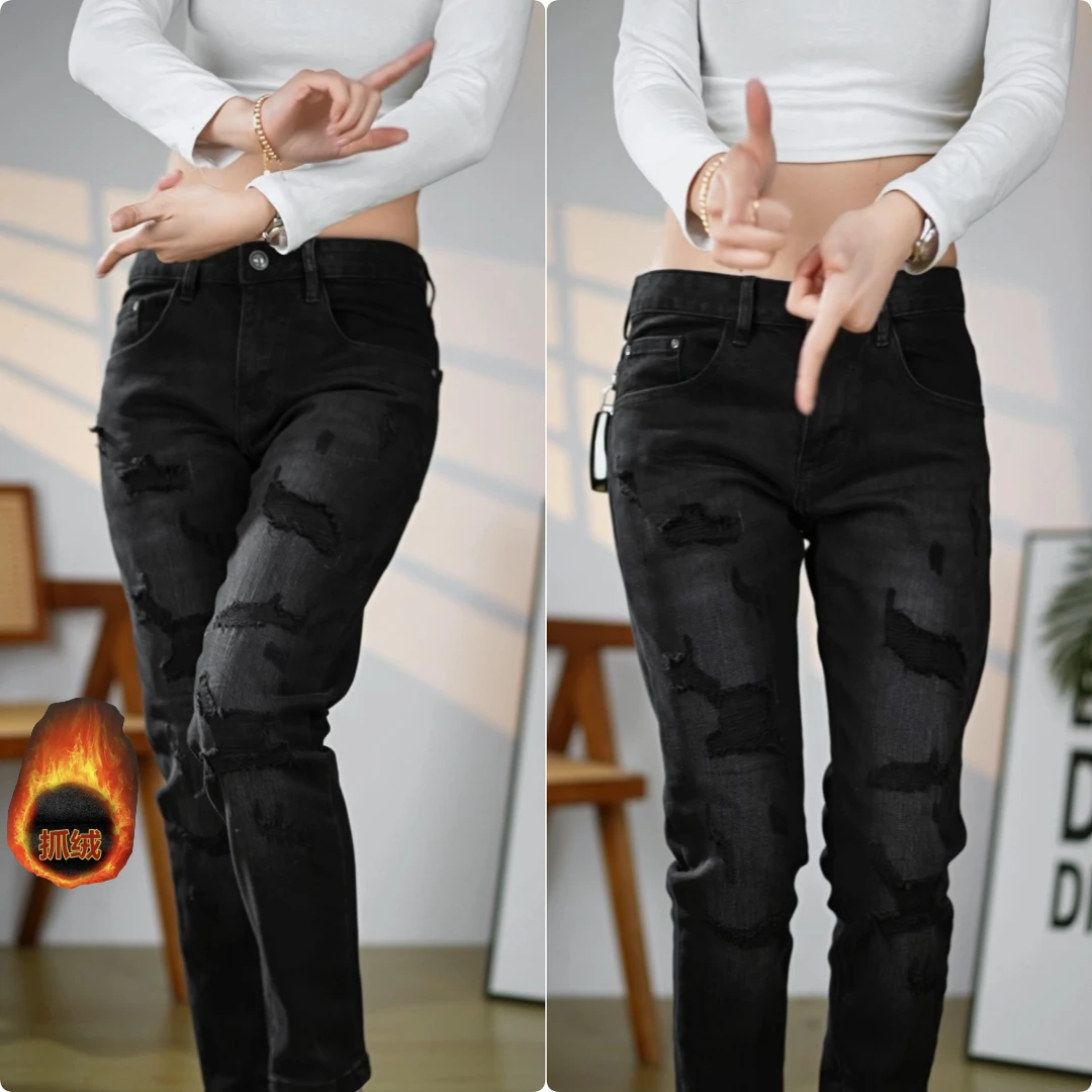 秋冬新款潮流男士九分裤黑色时尚百搭破洞补丁抓绒修身弹力小脚