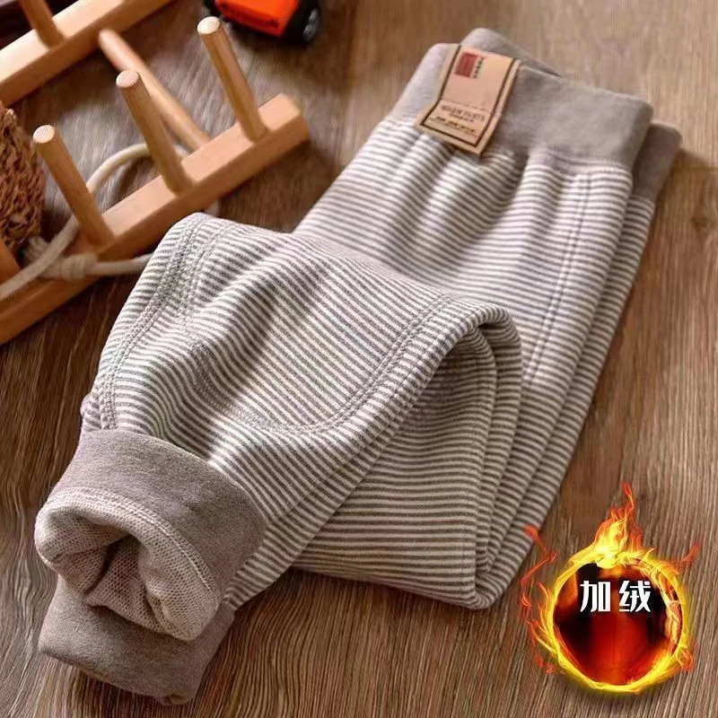 儿童加绒保暖裤中大童男童秋冬季条纹打底裤时尚加厚秋裤校服神器