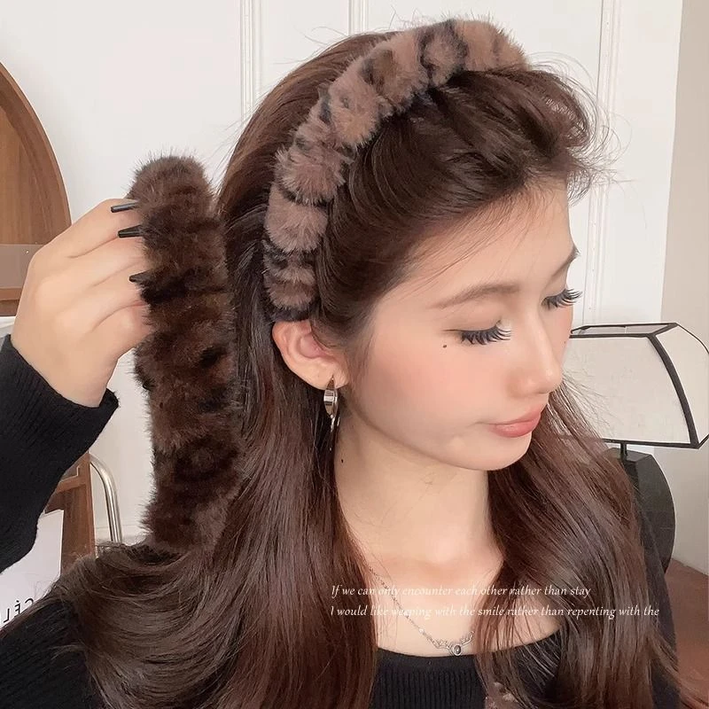 高颅顶大波浪豹纹毛绒发箍女复古带齿防滑压发脸头箍