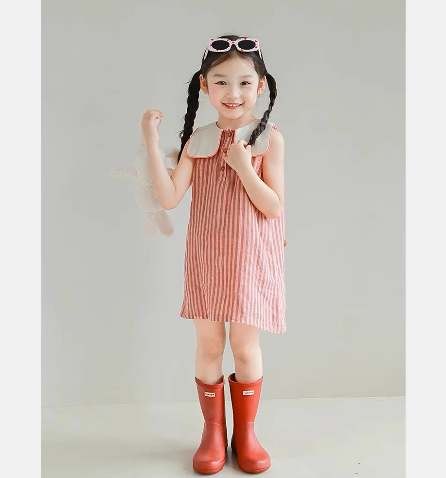 女童夏季新款条纹无袖连衣裙洋气时尚女宝宝翻领裙子
