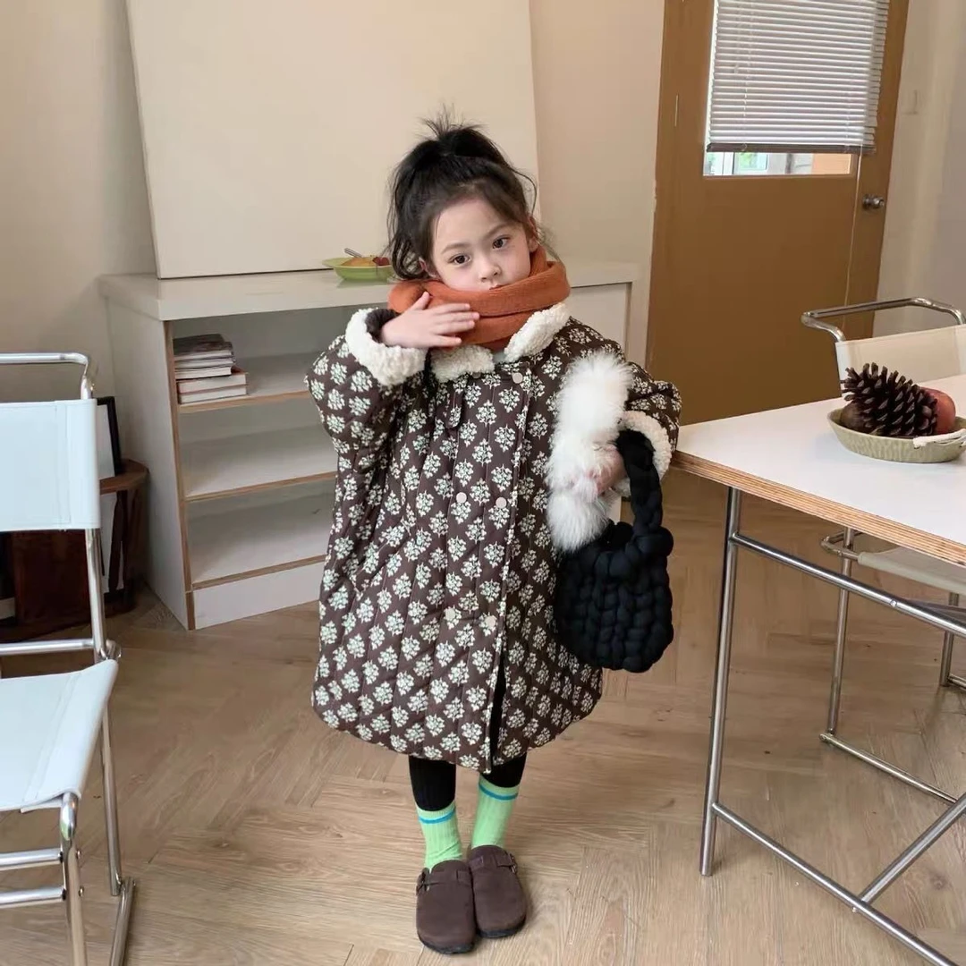 男女童冬季新款棉服夹棉加厚女宝宝碎花长款保暖棉衣外套