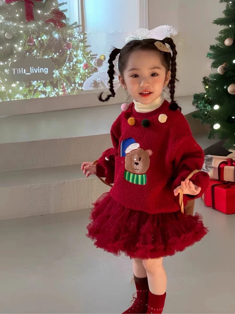 女童冬季新款卫衣卡通双层领红色拜年服女宝宝新年保暖上衣
