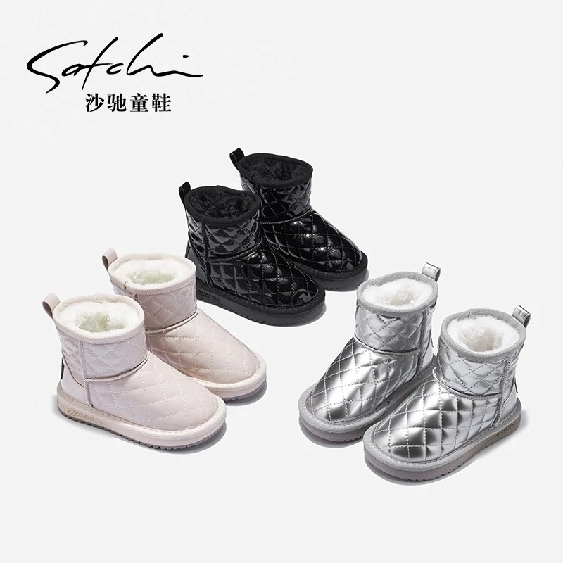 Satchi/沙驰童鞋女童雪地靴冬加绒加厚保暖棉鞋防水防滑棉靴8695