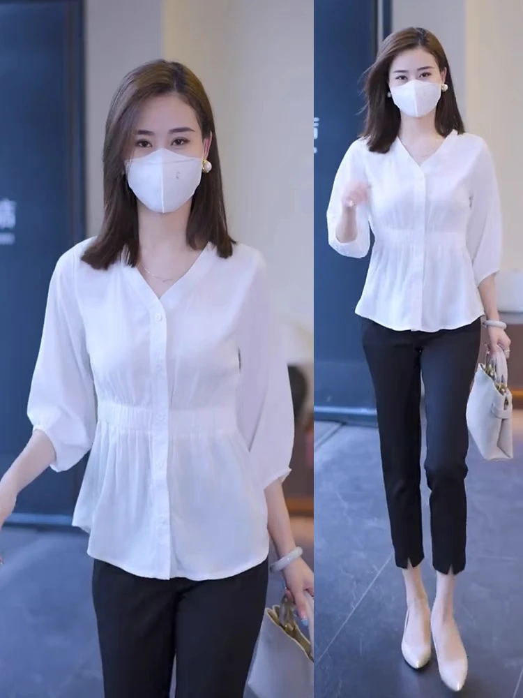 2025洋气新款大码气质女时尚衬衣七分袖上衣衬衫设计感收腰小衫