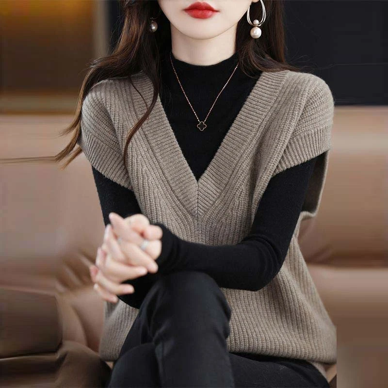 【单/套装】针织马甲背心鸡心领宽松无袖毛衣坎肩马夹外搭