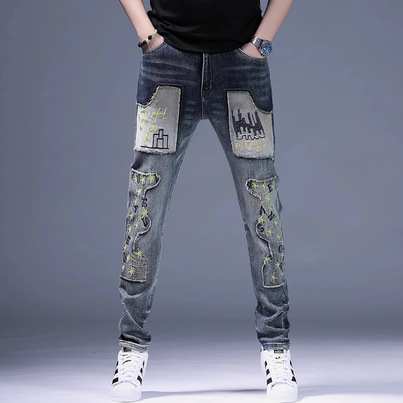 Cebrodz高端男装欧美男士拼色牛仔裤男浅色男裤潮牌痞帅裤子男款