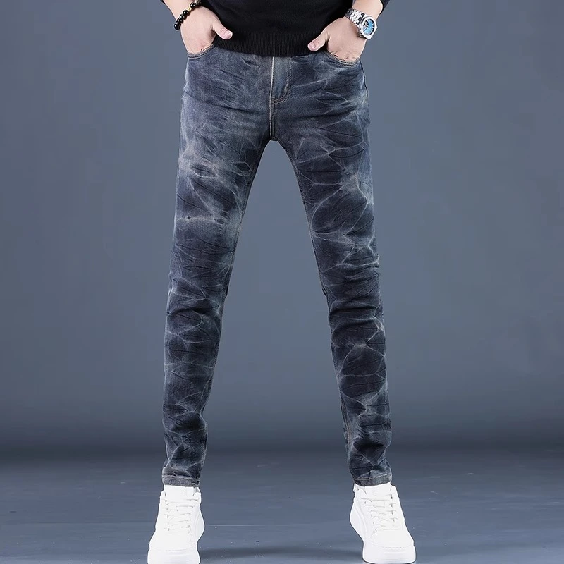 Cebrodz秋季新款高端轻奢蓝色牛仔裤男潮牌弹力个性印花休闲韩版