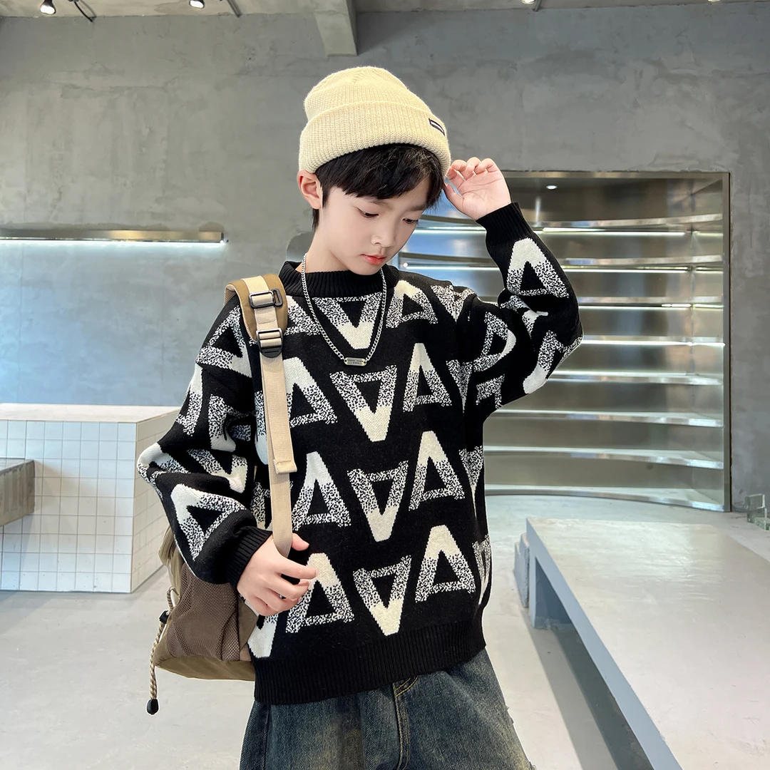 男童毛衣2024秋冬款圆领中大童针织帅气百搭时尚套头冬装针织打底