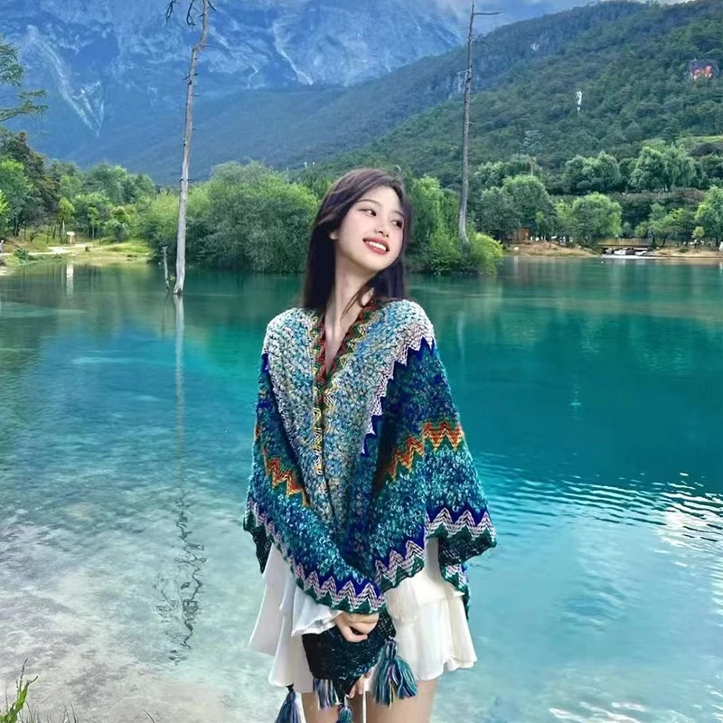 旅游打卡必穿搭大披肩民族风春秋百搭通加厚针织流苏披肩围巾