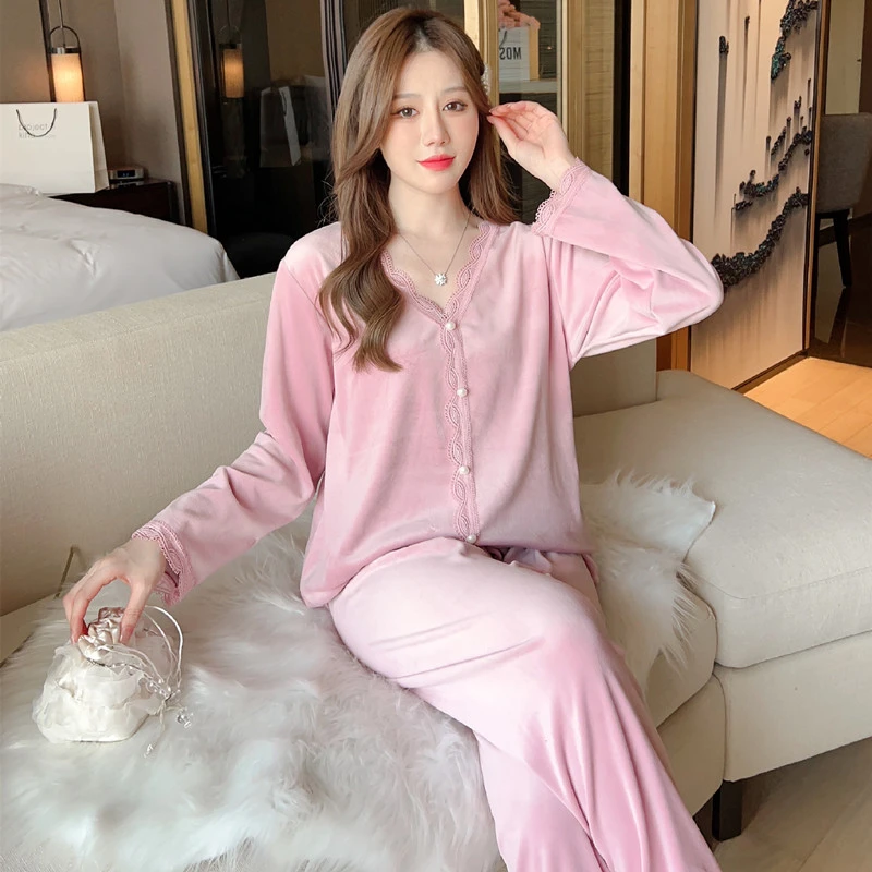 秋冬季海岛绒睡衣女长袖套装加厚加绒保暖甜美家居服套装可外穿