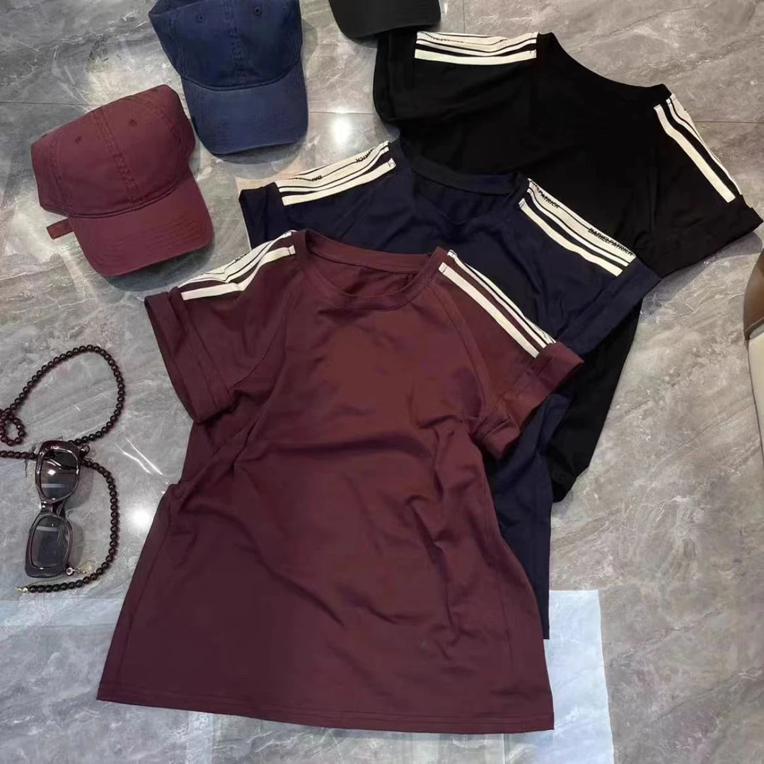 7952百搭洋气不规则条杠翻边袖口修身时尚夏季圆领显瘦新款T恤