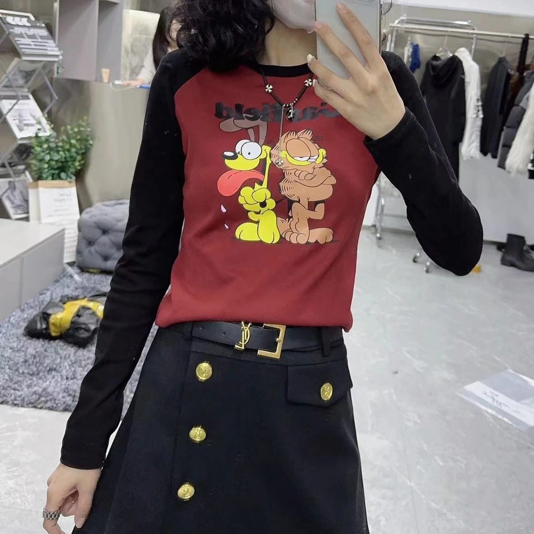 02卡通印花字母加菲猫百搭显瘦时尚创意圆领休闲通勤常规长袖T恤