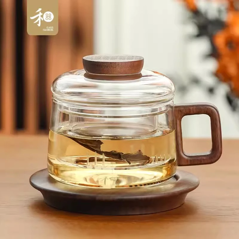 【臻雅杯】禾器新品高硼硅玻璃泡茶杯小容量办公杯胡桃木把手绿茶杯