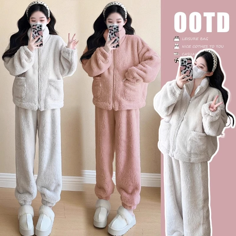 正版【杭州四季青】可外穿睡衣情侣男女冬季加绒保暖宽松大码家居服