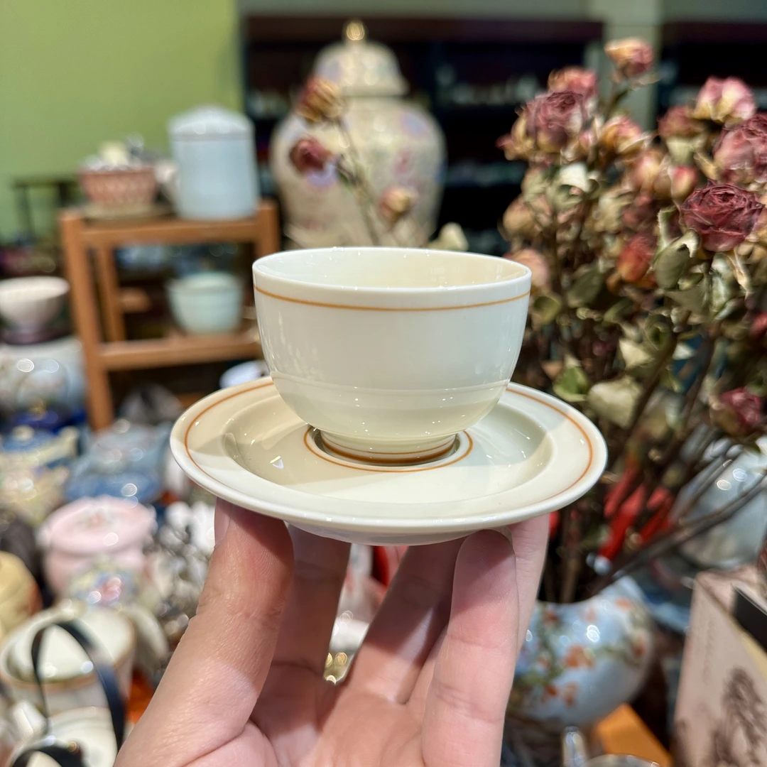 友名陶瓷  复古陶泥草木灰描线茶杯带杯垫客杯茶杯主人杯-4986