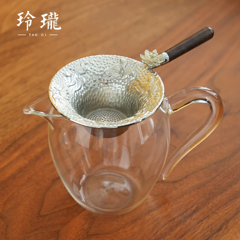 玲珑茶具 玲珑玻璃公道杯白+合金茶漏家用耐热茶水分离杯-384