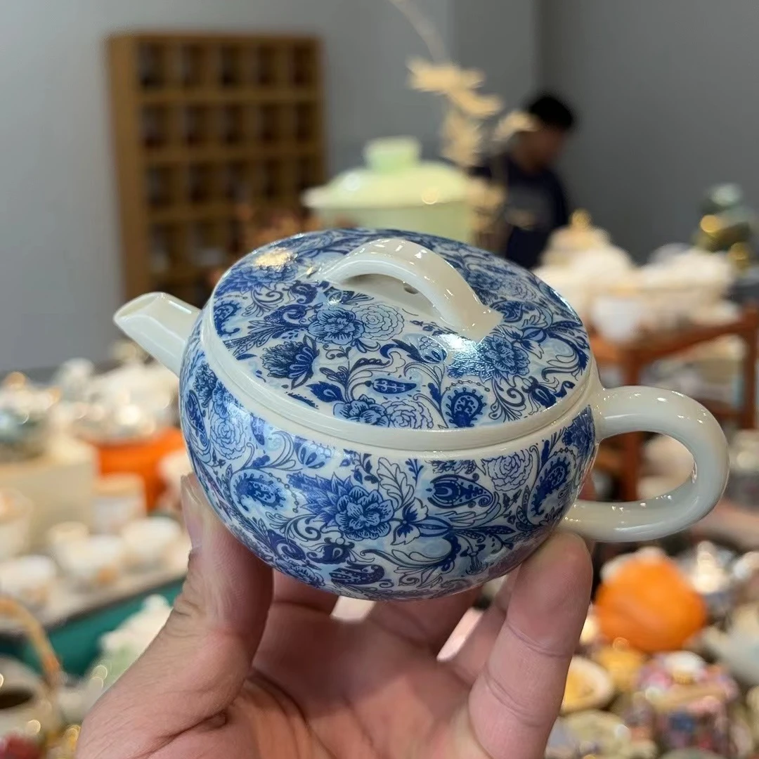 友名陶瓷  复古老陶泥青花满花汉瓦壶家用小容量泡茶壶-4156