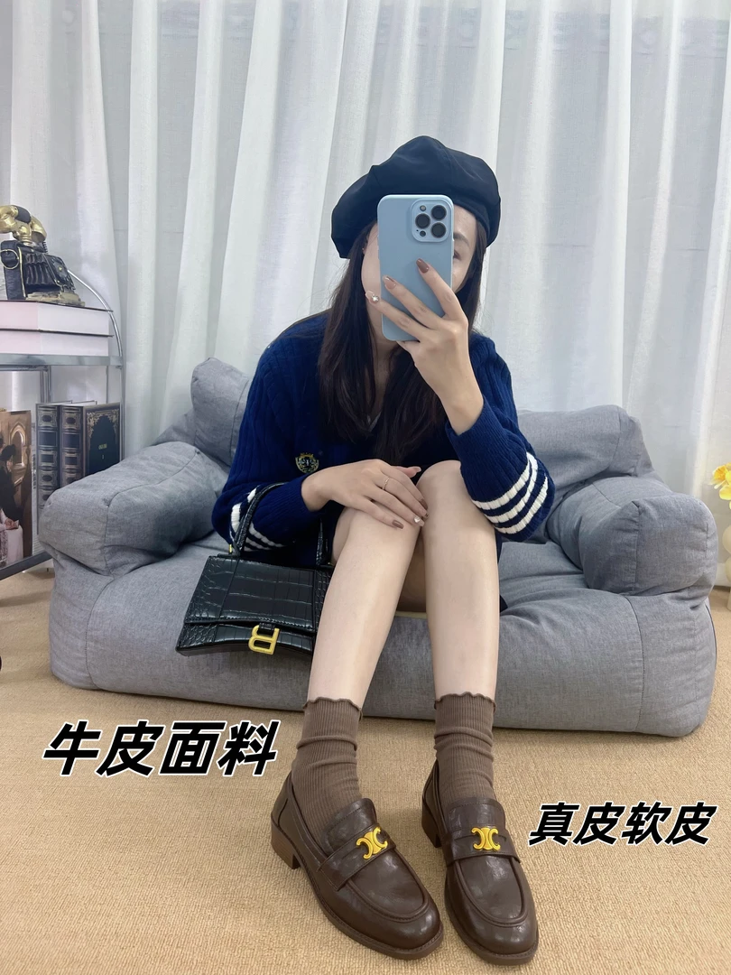 凯旋门厚底乐福鞋质感十足牛皮橡胶底粗跟小皮鞋单鞋女